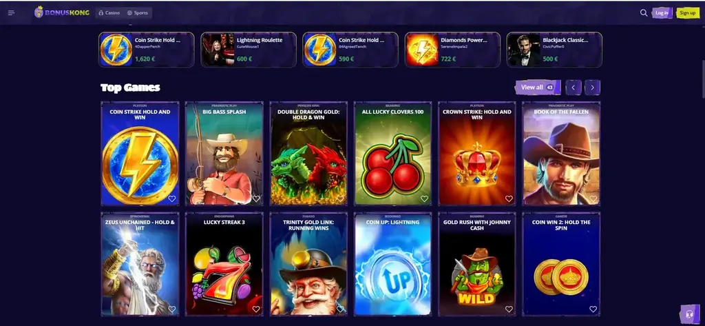 Bonuskong casino lobby showing slot games like Big Bass Splash and Coin Strike