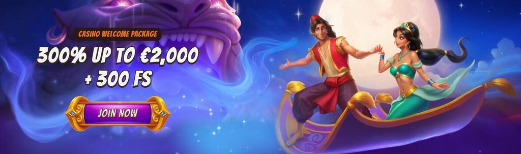 Alawin Casino welcome package banner showing 300 percent bonus up to €2000 and 300 free spins