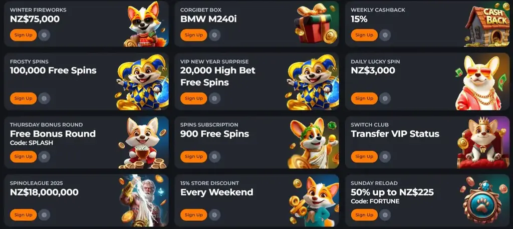 Corgibet Casino promotions with cashback, free spins, VIP rewards and special events