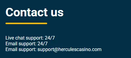 Hercules Casino contact support page showing 24/7 live chat and email support details