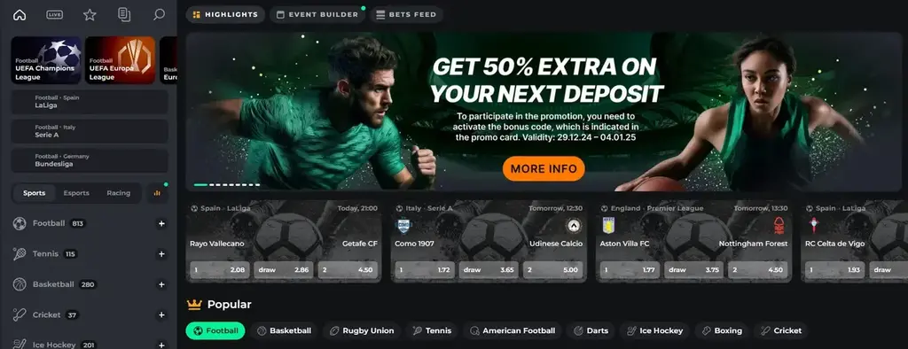 Corgibet sportsbook interface with football markets and deposit bonus promotion