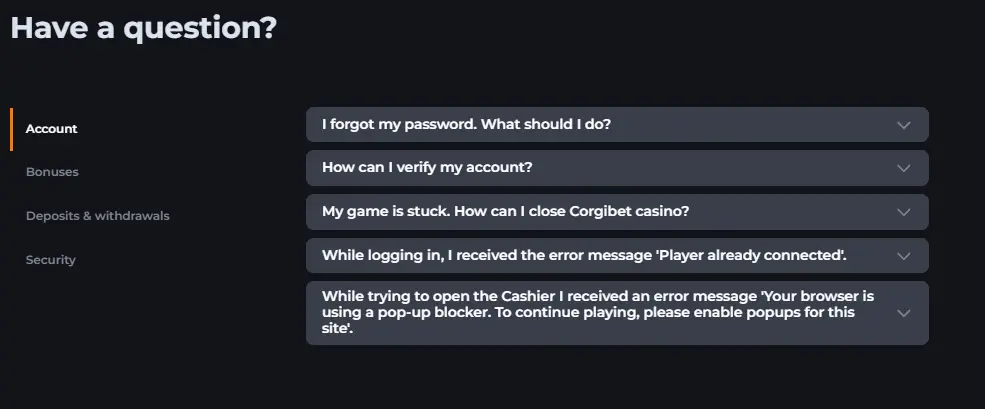 Corgibet FAQ section with anwsers to common questions related to account, bonuses, deposits and withdrawals, and security.