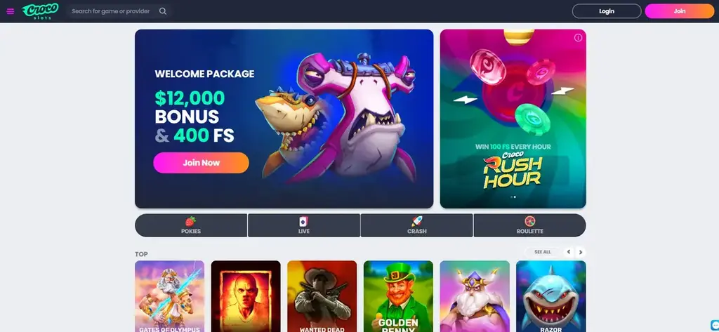 Croco Slots Casino homepage showing $12 000 bonus + 400 free spins welcome package and popular pokies section.