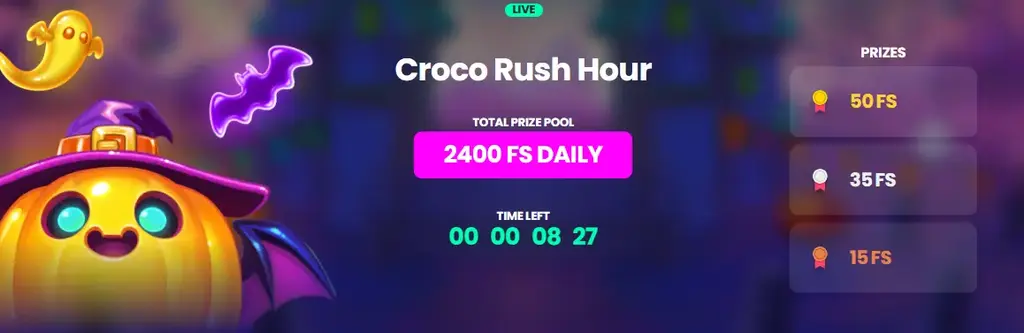 Croco Rush Hour tournament banner showing pumpkin mascot and free spin prizes at Croco Slots Casino.