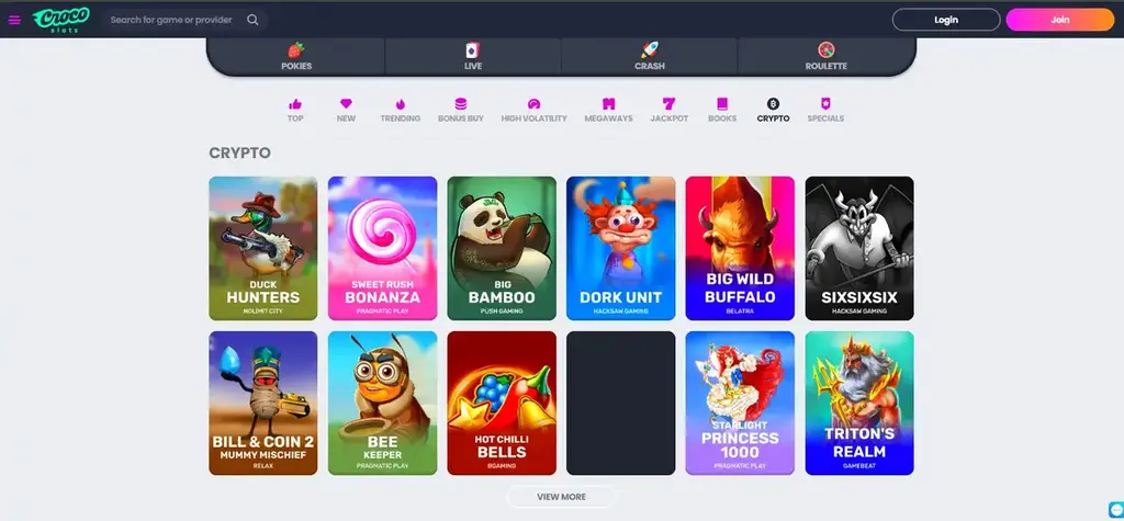 Crypto Games section at Croco Slots featuring titles like Duck Hunters, Sweet Rush Bonanza, Big Bamboo, and Dork Unit