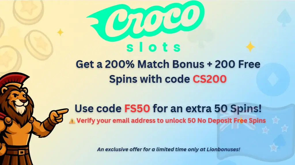 Croco Slots exclusive New Zealand welcome bonus banner with 200% match bonus, 200 free spins, and 50 no-deposit free spins via Lionbonuses