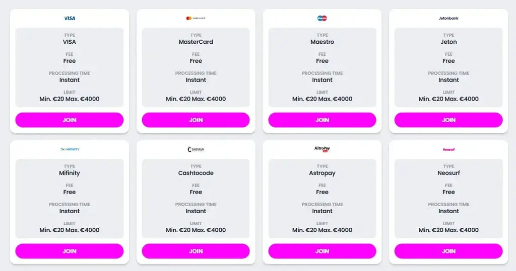 Payment methods accepted at Croco Slots Casino, Visa, Mastercard, Jeton, MiFinity, AstroPay, and Neosurf.