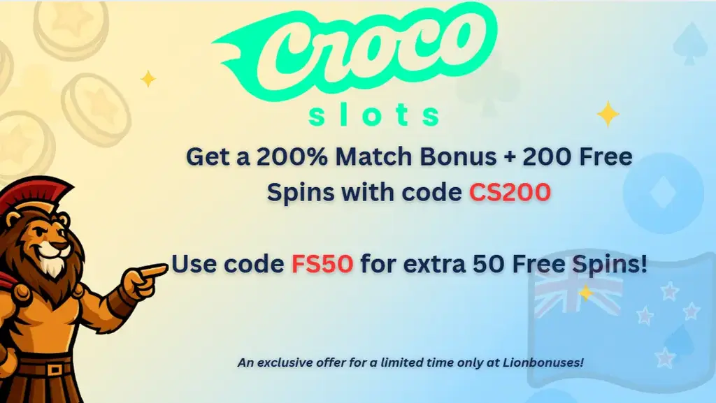 Promotional banner for Crocoslots Casino showing a 200% match bonus and 200 free spins with code CS200, plus an extra 50 free spins with code FS50, featuring the Lionbonuses mascot on a soft blue-yellow gradient background.