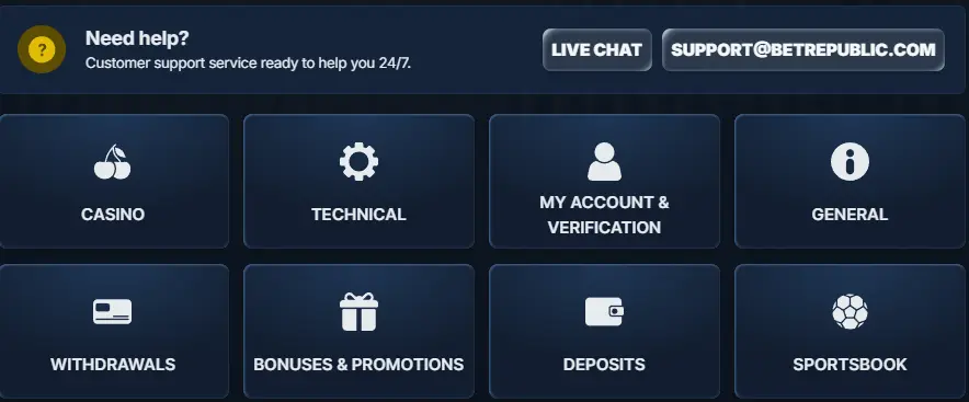 BetRepublic customer support page with live chat and email contact options