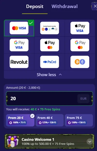 Bonuskong deposit page showing Visa, Apple Pay, Google Pay, Revolut and crypto options