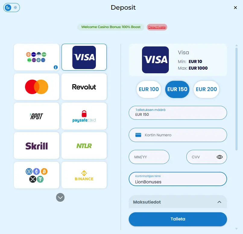 Spininio talletusnäkymä, jossa näkyy maksutapavaihtoehtoja kuten Visa, Mastercard, Revolut, Skrill, Paysafecard ja Binance.