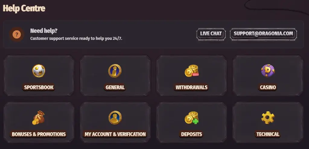 Dragonia Casino help centre with live chat and customer support options.