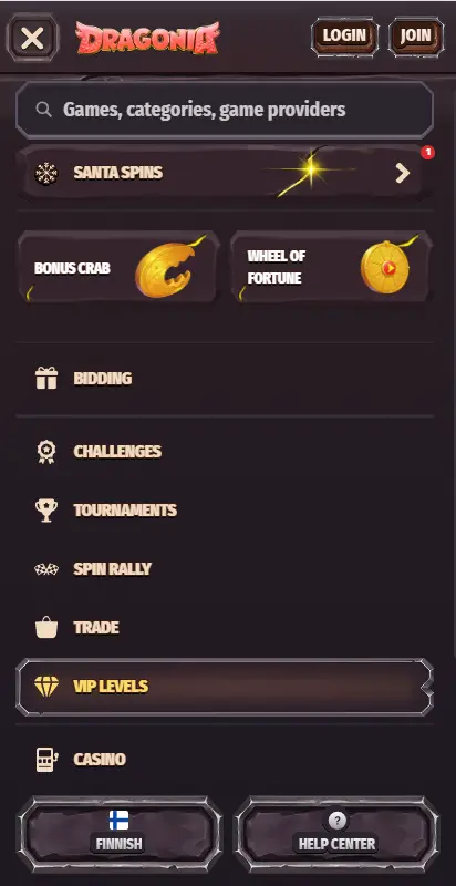 Dragonia Casino mobile interface with games, promotions, and VIP levels menu.