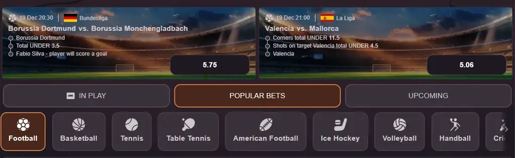 Dragonia sportsbook showing football betting markets and popular bets.