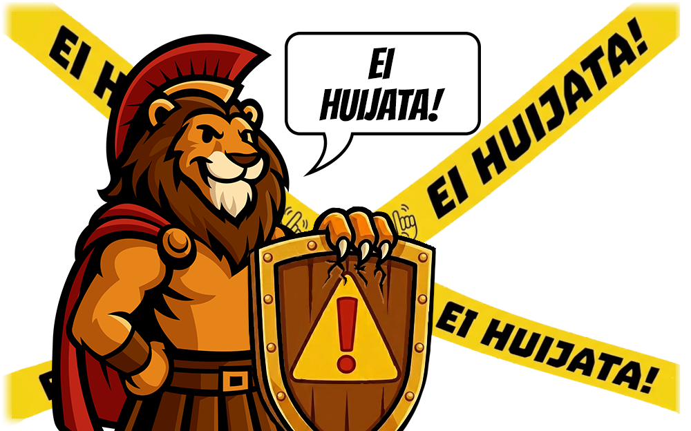 Piirroskuva lihaksikkaasta, roomalaiseen gladiaattoriasuun pukeutuneesta leijonasta, jolla on punainen kypärä ja viitta. Leijona pitelee kilpeä, jossa on varoituskolmio. Mustaa taustaa koristavat keltaiset varoitusnauhat, joissa lukee suomeksi "EI HUIJATA!". Leijonan puhekuplassa on sama teksti: "EI HUIJATA!".