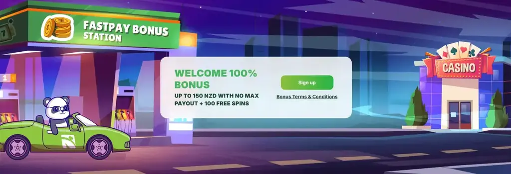 Fastpay Casino welcome bonus banner in NZD with deposit match offer and free spins displayed.