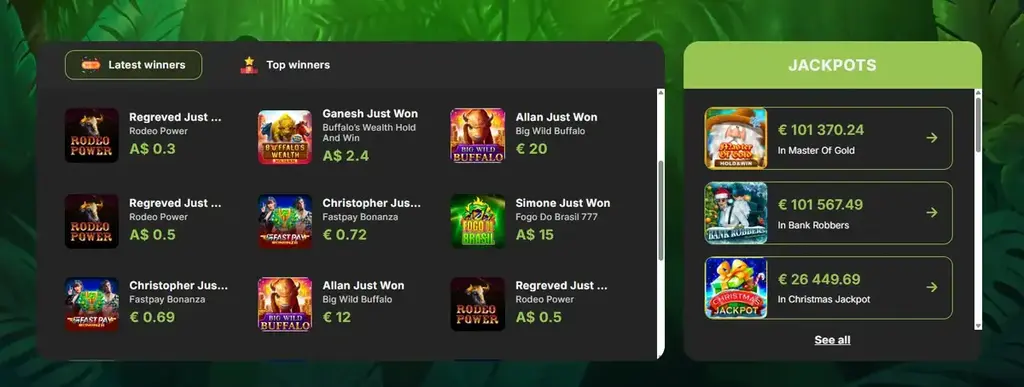 Fastpay Casino winners and jackpots board showing recent winners, top games like Rodeo Power and Big Wild Buffalo, and current jackpot amounts for Master of Gold, Bank Robbers, and Christmas Jackpot against a green jungle background.