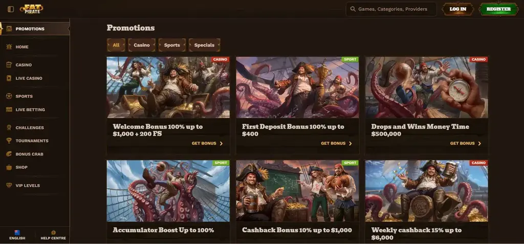Fat Pirate Casino New Zealand Promo Page showing Casino, SPorts ad SPecial Campaigns