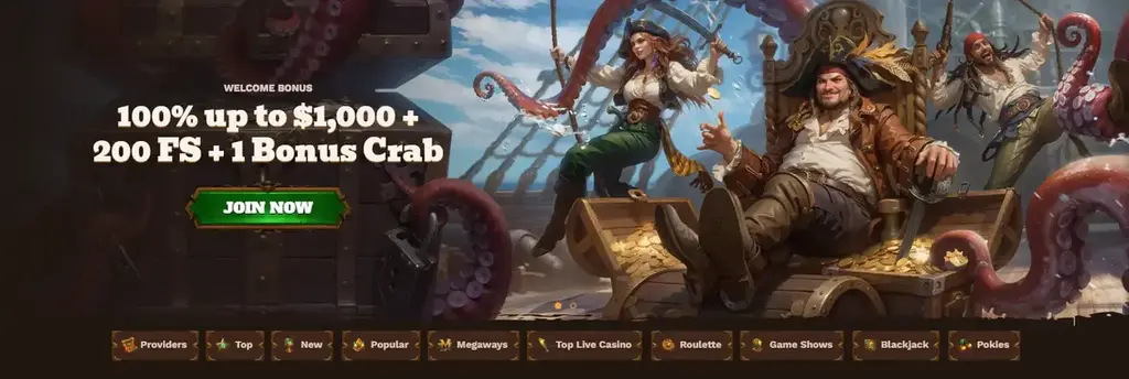 Fat Pirate Casino Welcome offer 100%  up to $1000  + 200 Free Spins + Bonus Crab