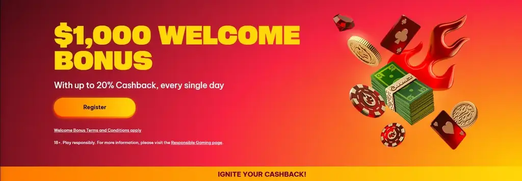 Flamez Casino $1,000 welcome bonus and daily cashback promotion.