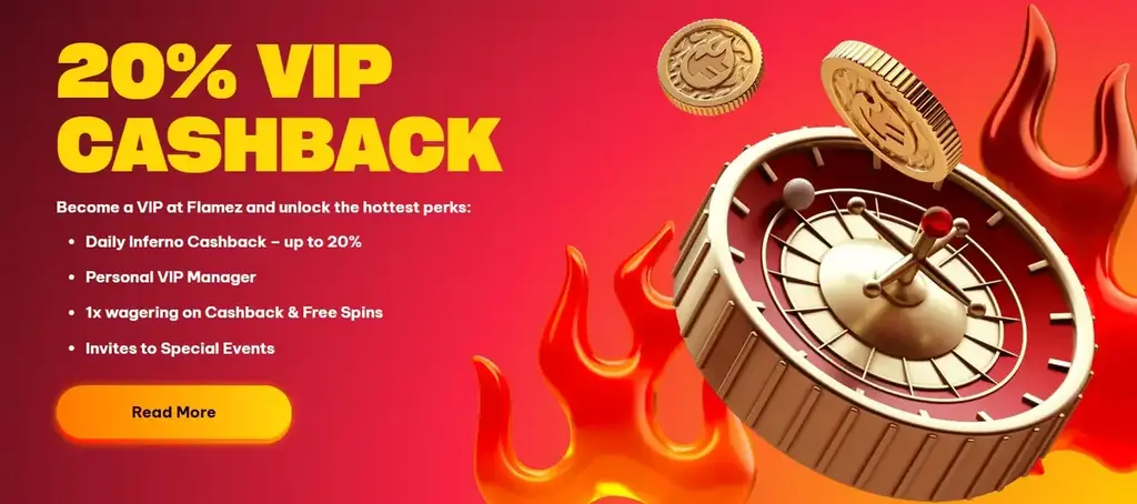 20% VIP cashback promotion at Flamez Casino with roulette and flame graphics