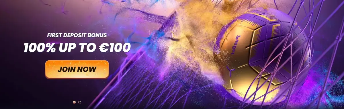 Funbet sports betting bonus banner showing a 100% first deposit bonus up to €100.
