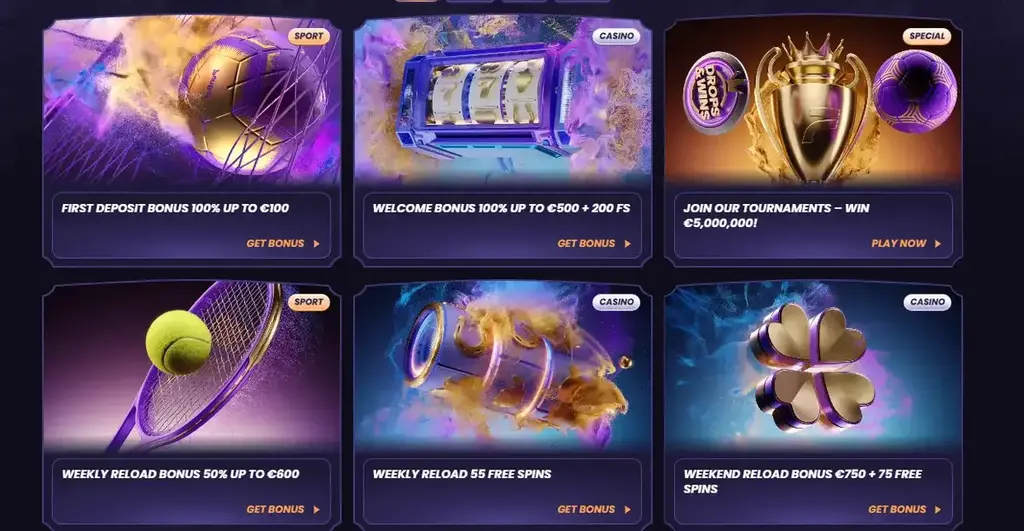 Funbet Casino promotions page displaying welcome bonuses, reload offers, free spins, and tournaments.
