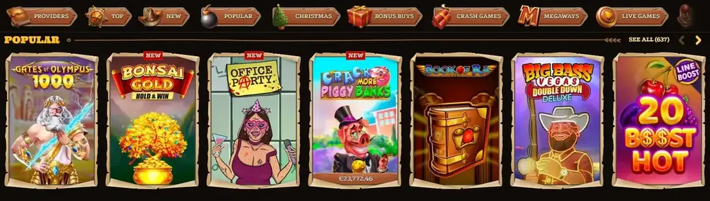 Slot games available at Lizaro Casino including popular and new releases from multiple providers