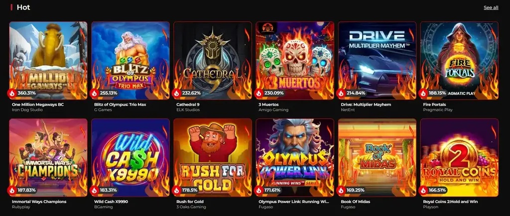 Hot slot games section at God of Casino showing popular pokies and RTP percentages