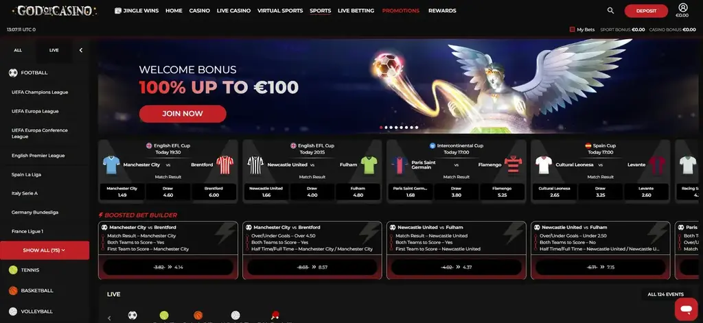 God of Casino sportsbook with welcome bonus banner and upcoming football matches
