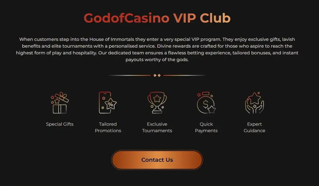 God of Casino VIP Club page highlighting exclusive rewards and benefits