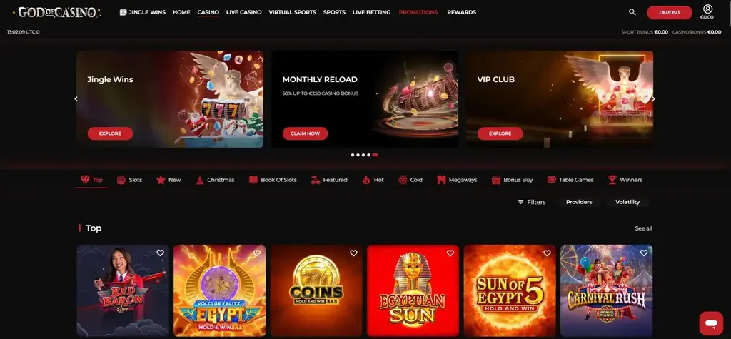God of Casino casino homepage with navigation menu and featured promotions