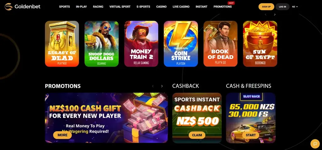 Goldenbet Casino homepage with sportsbook, casino, live casino and promotions sections