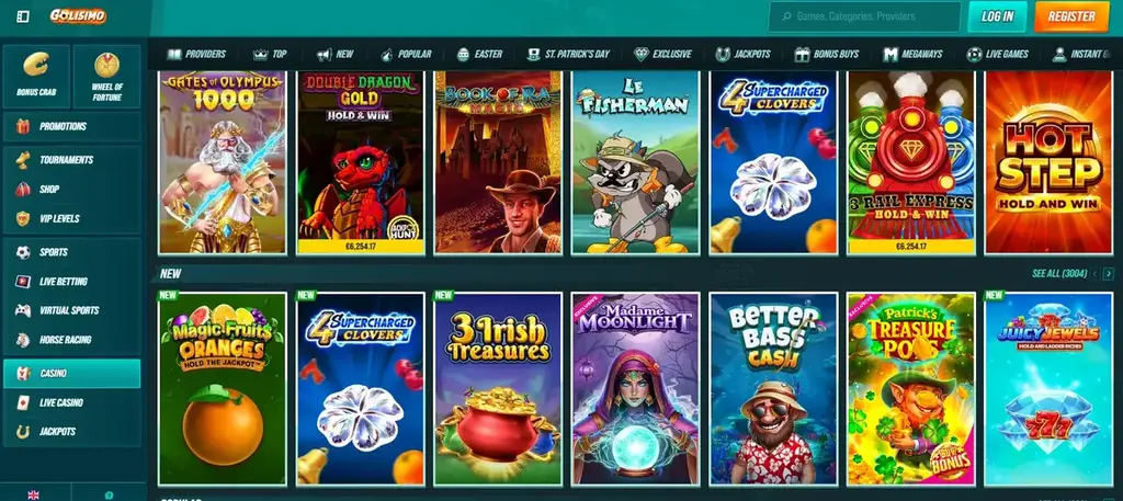 Golisimo Casino games lobby showing popular slot titles and game providers