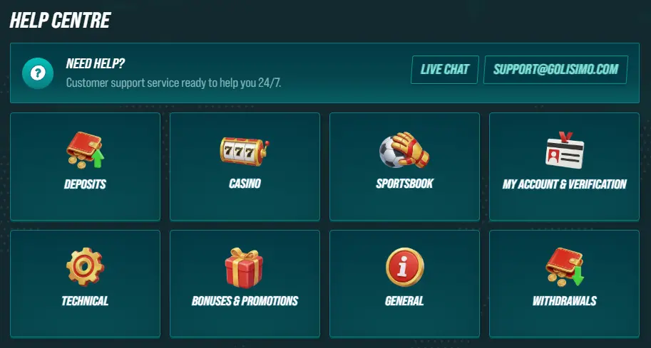 Golisimo Casino help centre with live chat and support email