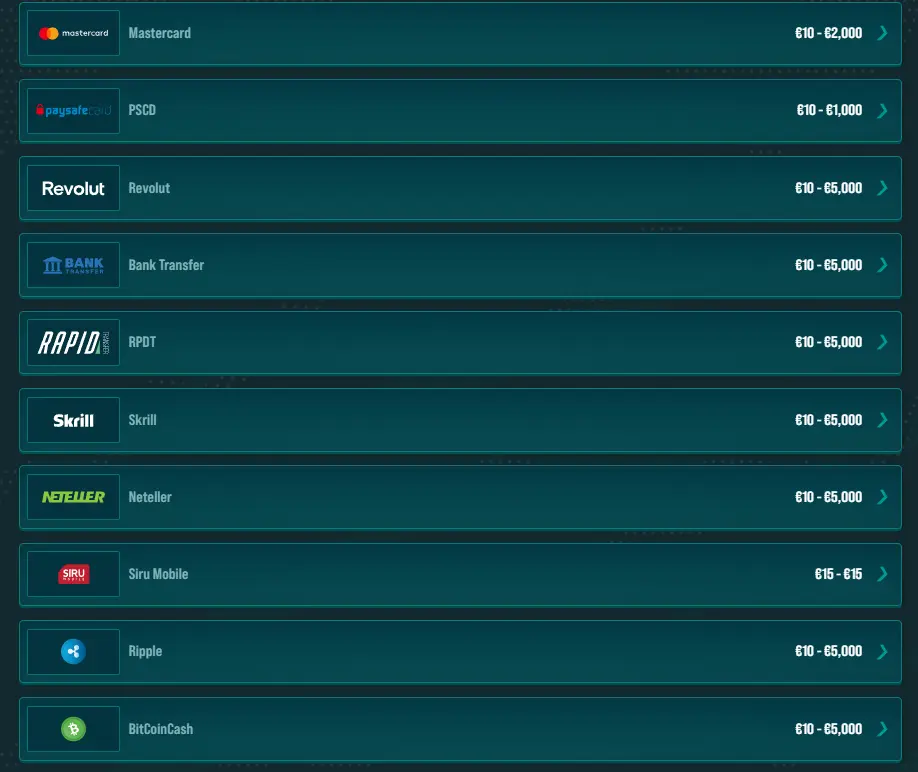 Golisimo Casino payment methods including Mastercard, Skrill, Neteller and crypto