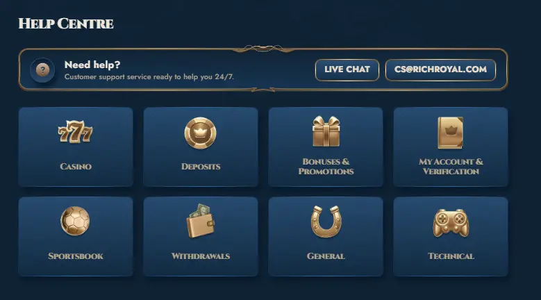 Rich Royal Casino customer support live chat help centre faq