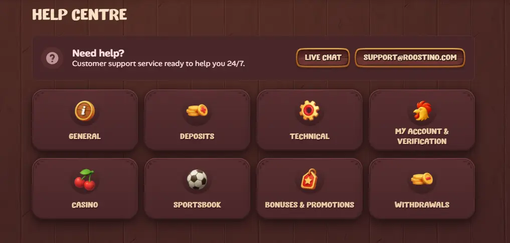 Roostino help centre with live chat, email support and FAQ categories