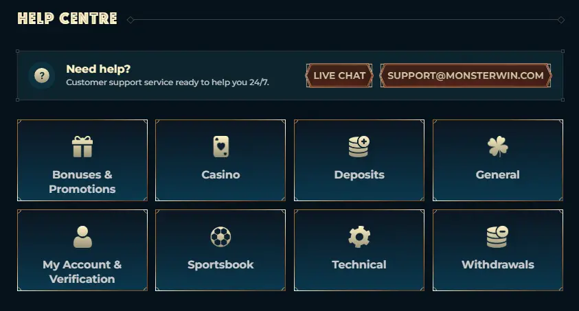 Monsterwin Casino help center with live chat support and sections for bonuses deposits withdrawals and account verification