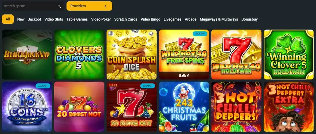 Hercules Casino game lobby with slot games, jackpots, providers, and category filters