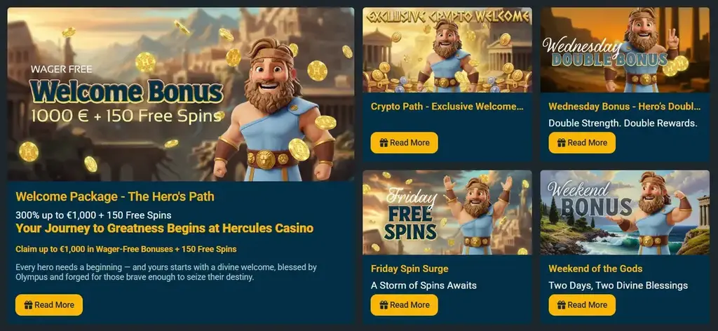 Hercules Casino promotions page featuring welcome bonus, crypto offer, weekly bonuses, and free spins deals