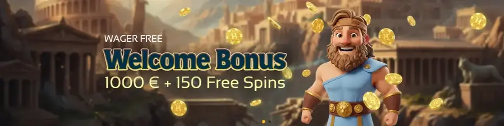 Hercules Casino welcome bonus banner showing wager-free bonus up to €1000 and 150 free spins