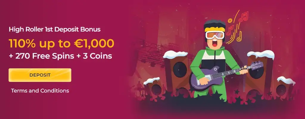 RollingSlots Casino high roller 110% deposit bonus up to €1,000 with 270 free spins.