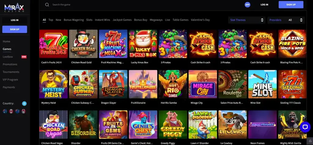 Mirax Casino games lobby with slots, instant wins, jackpot games and live casino