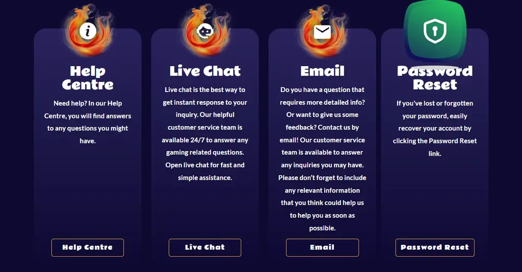 Igni Casino customer support options including help centre, live chat, email support, and password reset