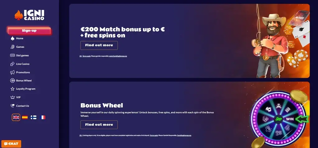 Igni Casino homepage featuring navigation menu, welcome bonus banner, and bonus wheel promotion