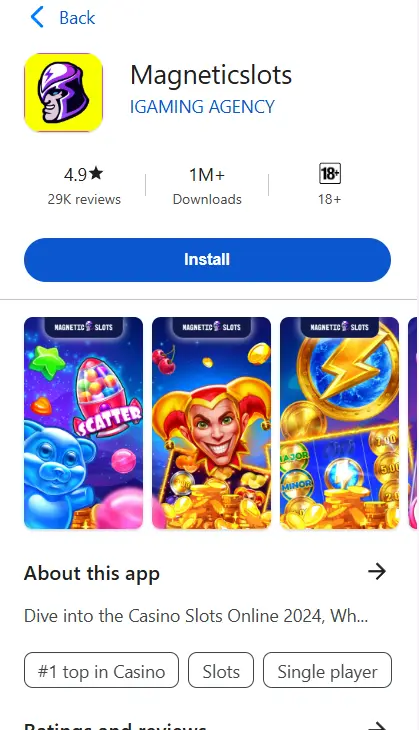 Magnetic Slots mobile casino app available for download with slot games and casino features