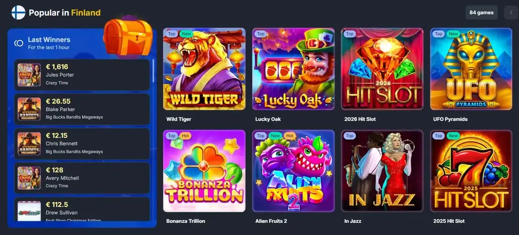 Jackpoty casino slot lobby with popular games and recent winners list