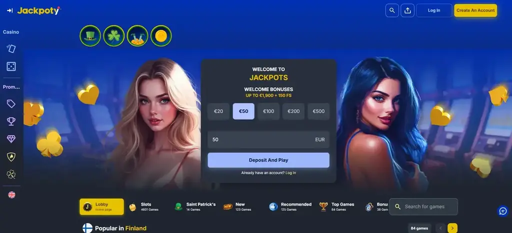 Jackpoty casino homepage showing welcome bonus up to €1,900 and 150 free spins