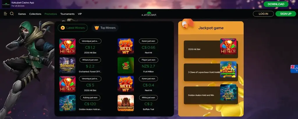 Katsubet Casino lobby showing latest winners, jackpot games and pokies for NZ players